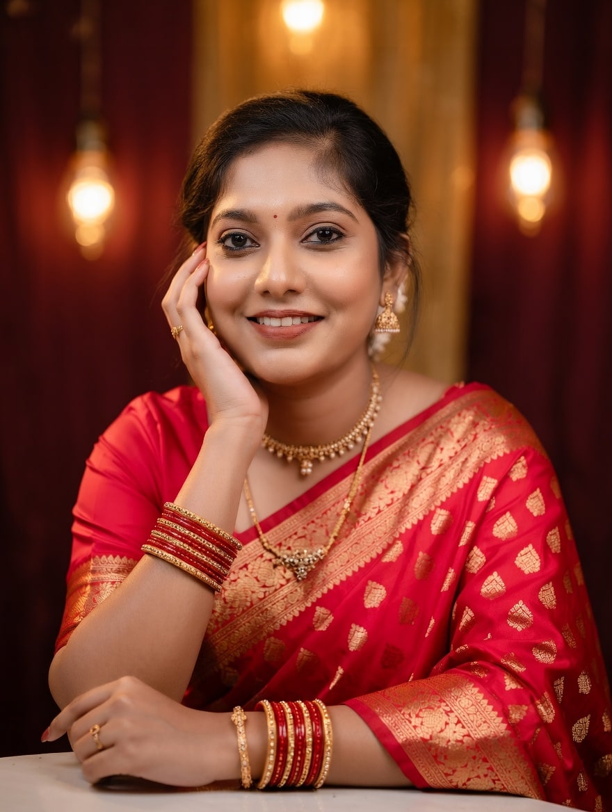 Matrimonial portrait — red silk saree