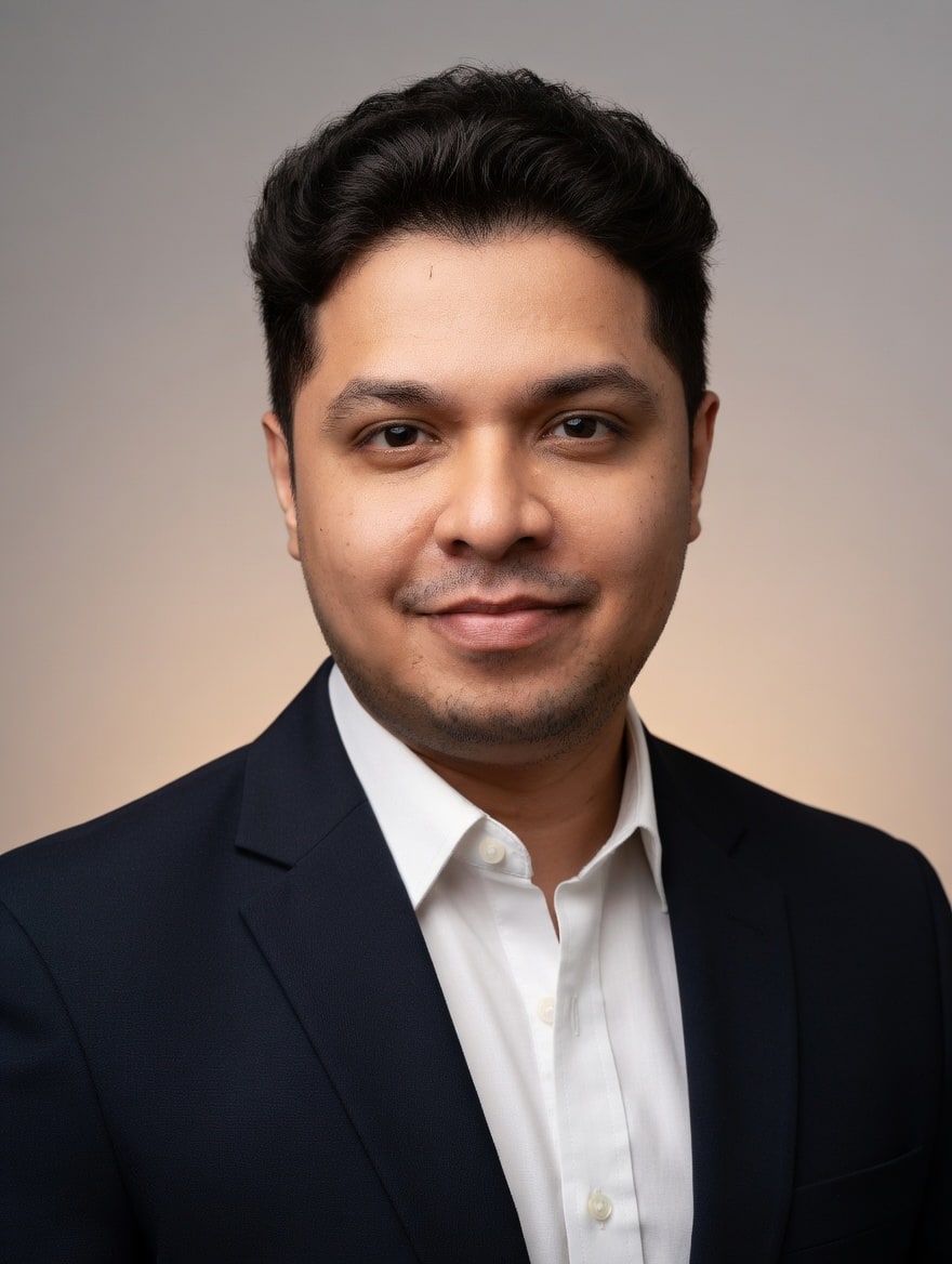 Professional headshot — navy blazer